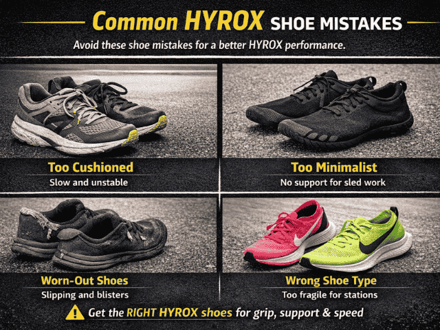Infographic showing common HYROX shoe mistakes including overly cushioned shoes, minimalist shoes, worn-out trainers and incorrect shoe types affecting race performance