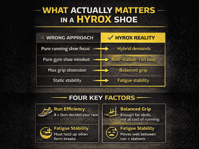 infographic showing what actually matters in a HYROX shoe including running efficiency grip fatigue stability and transition performance