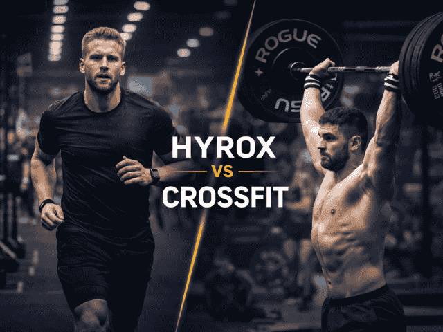 HYROX vs CrossFit comparison showing HYROX running athlete and CrossFit overhead lift highlighting differences in race format and training style