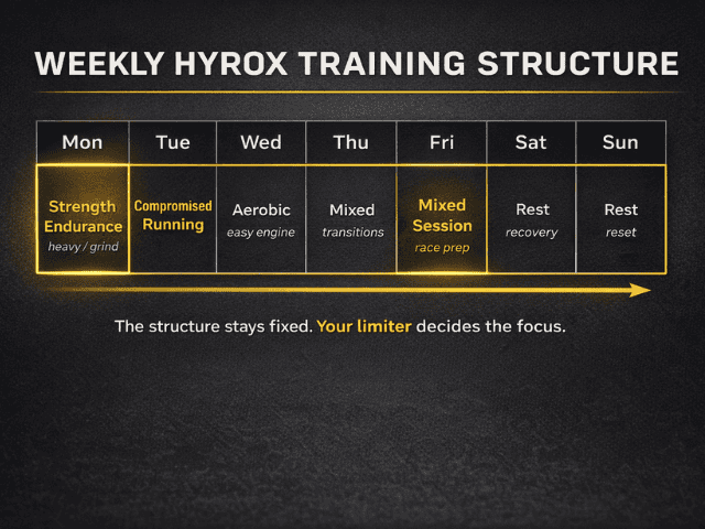 Weekly HYROX training plan structure showing strength endurance, running, aerobic and mixed sessions
