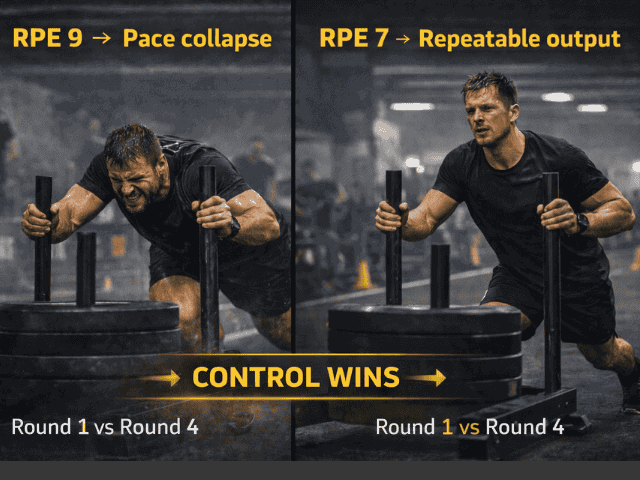 HYROX sled push comparison showing RPE 9 causing pace collapse versus RPE 7 producing repeatable output across rounds