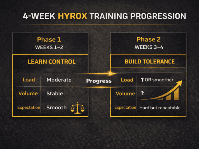 4-week HYROX training plan progression showing weeks 1 to 2 focused on control and weeks 3 to 4 building tolerance with increased load or volume