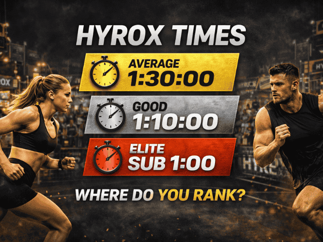 HYROX times benchmarks showing average 1 hour 30 minutes, good 1 hour 10 minutes and elite sub 1 hour performance levels