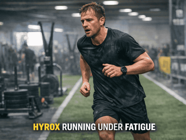 HYROX running programme example showing athlete maintaining pace under fatigue during race