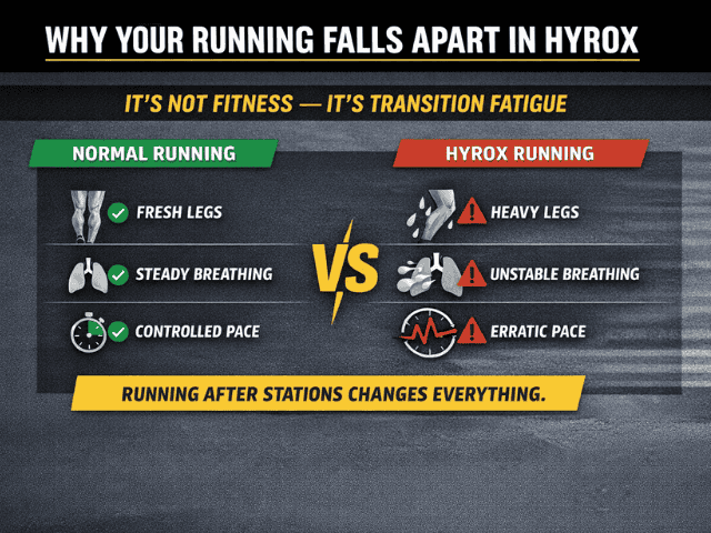 Comparison of normal running vs HYROX running showing fatigue effects like heavy legs, unstable breathing and pacing breakdown