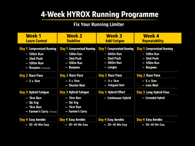 4 week HYROX running programme showing compromised running race pace intervals hybrid fatigue sessions and aerobic training structure