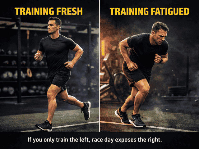 comparison of athlete running with fresh form versus fatigued running form showing shortened stride and heavy breathing in HYROX training