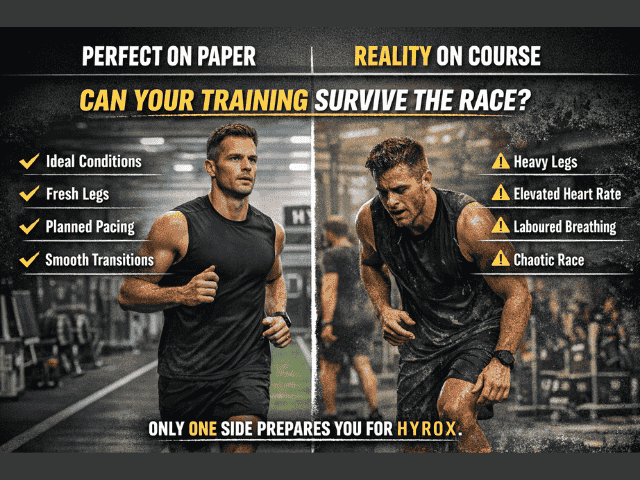 comparison of ideal hyrox training conditions versus real race fatigue showing difference between controlled running and fatigued performance in competition