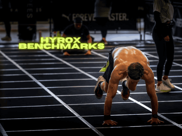 A HYROX man doing burpee broad jumps mid HYROX race to represent HYROX Station Split Benchmarks