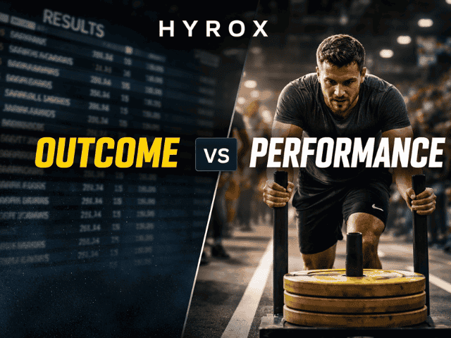 HYROX athlete racing with visual contrast between performance effort and leaderboard results