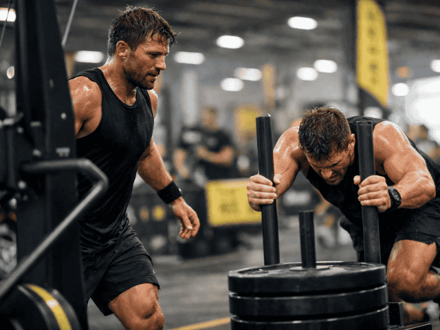 HYROX athlete pushing sled after SkiErg showing fatigue and race intensity
