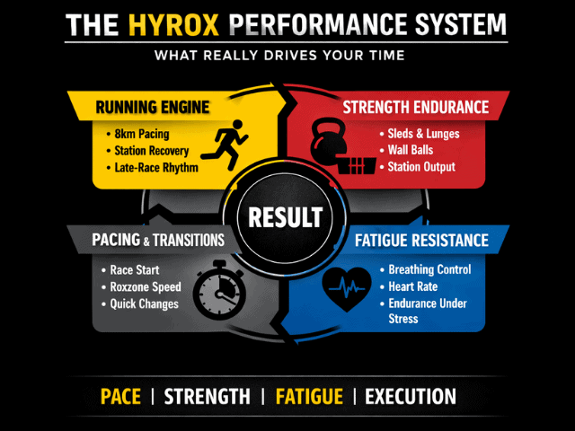 HYROX performance system diagram showing running engine strength endurance fatigue resistance and pacing transitions