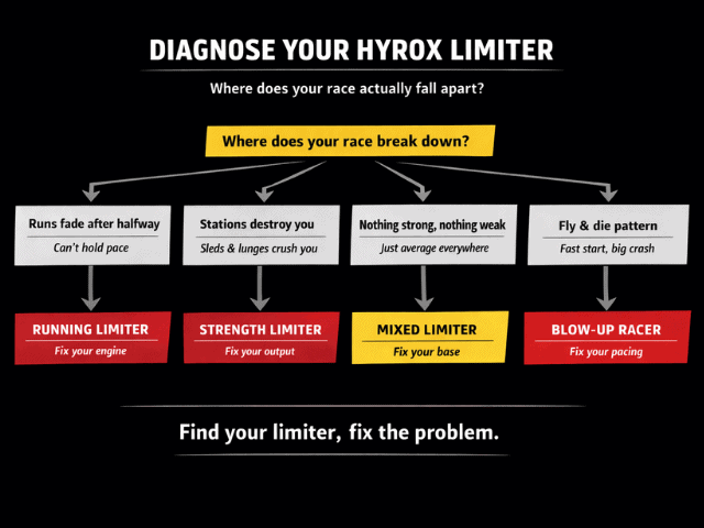 HYROX limiter diagnosis flowchart showing running limiter strength limiter mixed limiter and blow up pacing athlete types
