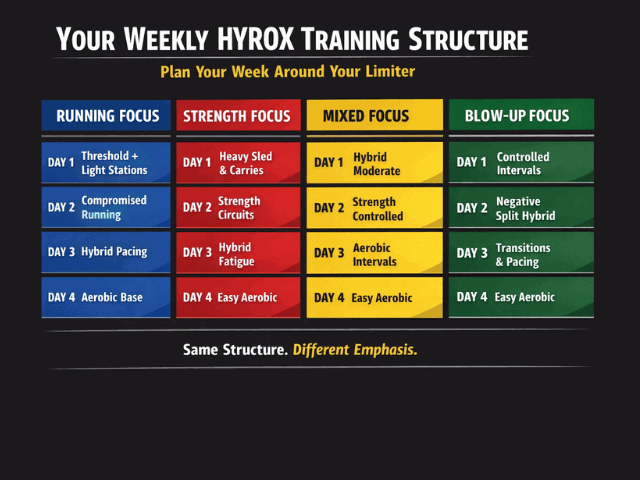 HYROX weekly training structure showing running strength mixed and blow up limiter training week plan o how to improve your HYROX time