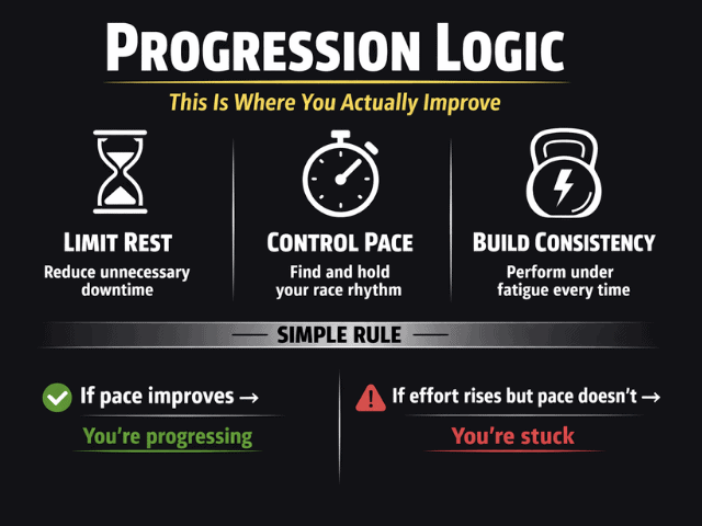 HYROX progression logic infographic showing how to improve pace, reduce rest, build consistency under fatigue, and identify if training is progressing or stuck