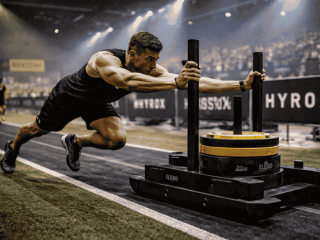 Competitor pushing sled mid HYROX race