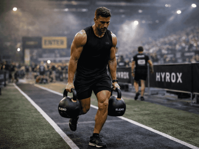 Competitor doing kettlebell farmer carry mid HYROX race