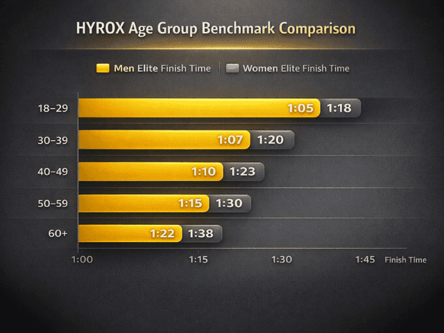 HYROX elite finish time benchmarks by age group comparing men and women performance standards
