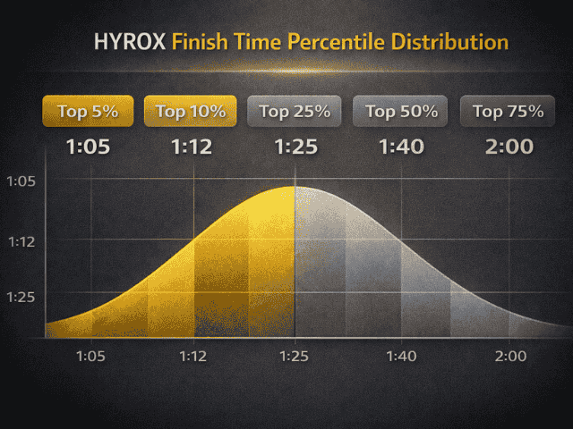 HYROX finish time percentile distribution chart showing top 5, 10, 25, 50 and 75 percent performance benchmarks