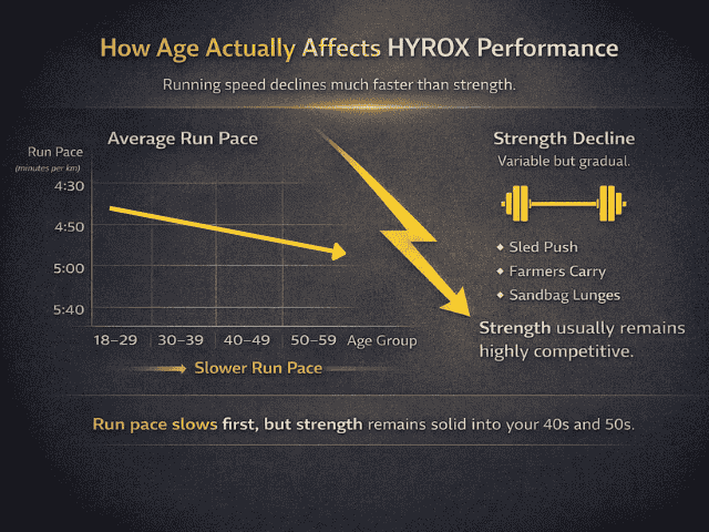 infographic showing how age affects HYROX performance with running pace slowing faster than strength across age groups