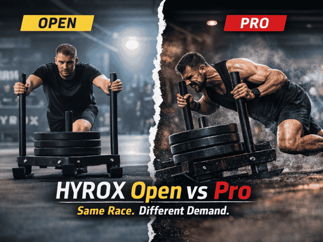 HYROX Pro vs Open comparison showing sled push intensity difference between divisions with heavier load and increased effort in Pro