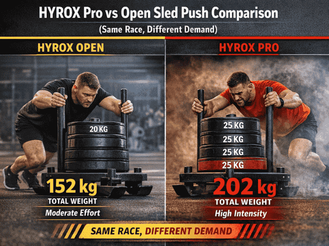 HYROX Pro vs Open sled push weight comparison showing 152kg in Open vs 202kg in Pro highlighting increased intensity