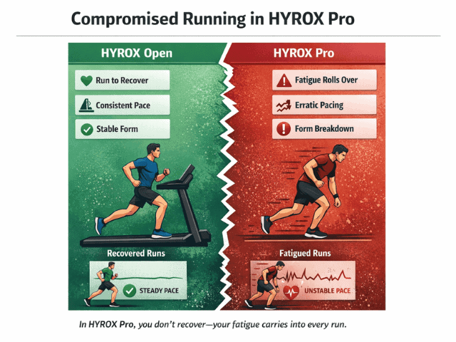 HYROX Open vs Pro running comparison showing steady pacing in Open versus fatigued and unstable running in Pro due to accumulated fatigue
