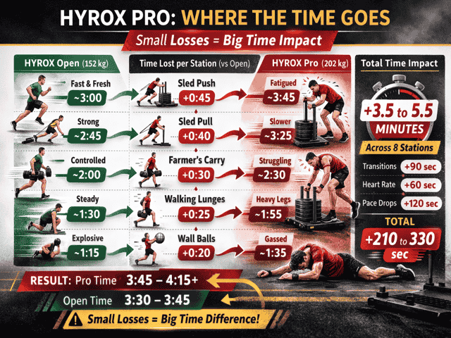 HYROX time leak breakdown showing how small delays at stations, transitions and running pace can add 2 to 4 minutes to overall race time in Pro division