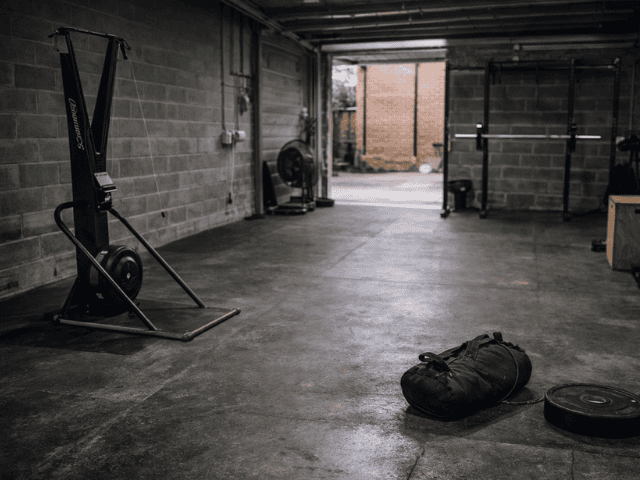 realistic HYROX training setup in small garage gym with SkiErg sandbag and open floor space