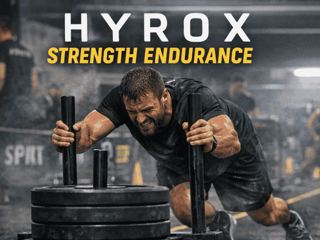 Athlete pushing a heavy sled under fatigue during HYROX strength endurance training