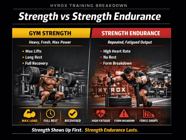 Comparison showing the difference between gym strength and HYROX strength endurance under fatigue