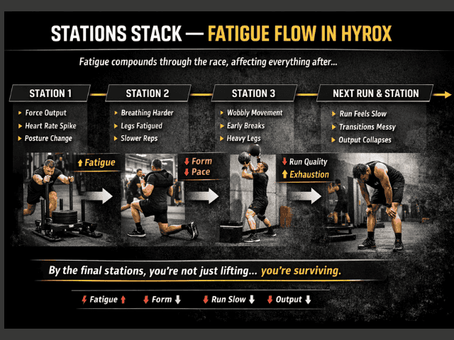 Diagram showing how fatigue builds across HYROX stations and impacts performance, form, and running