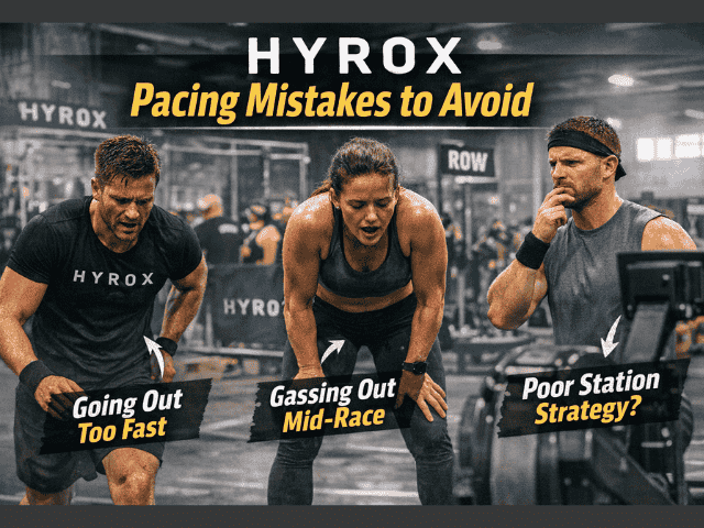 HYROX athletes showing pacing mistakes including starting too fast, fatigue mid race and poor station strategy under fatigue