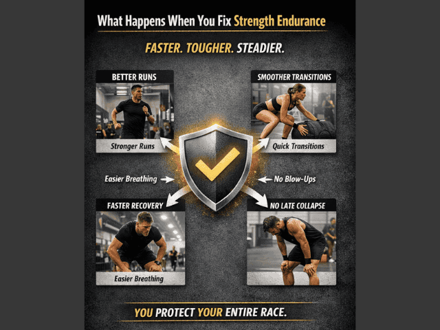 Diagram showing how improving HYROX strength endurance leads to better running consistency, smoother station performance, controlled breathing and reduced late-race fatigue