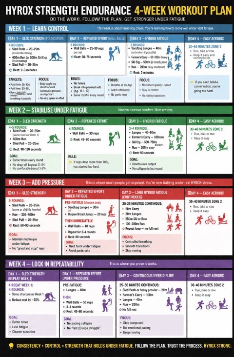 4 week HYROX strength endurance workout plan showing sled, wall balls, lunges and hybrid fatigue sessions across structured weekly training