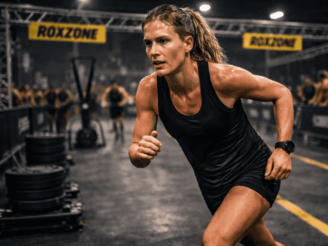 Female HYROX athlete running under fatigue during race pacing strategy execution in competition