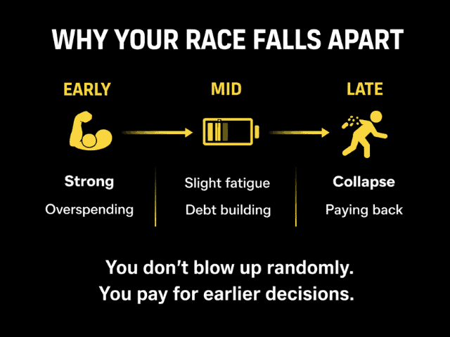 HYROX pacing strategy timeline showing early strong effort leading to mid-race fatigue and late race collapse