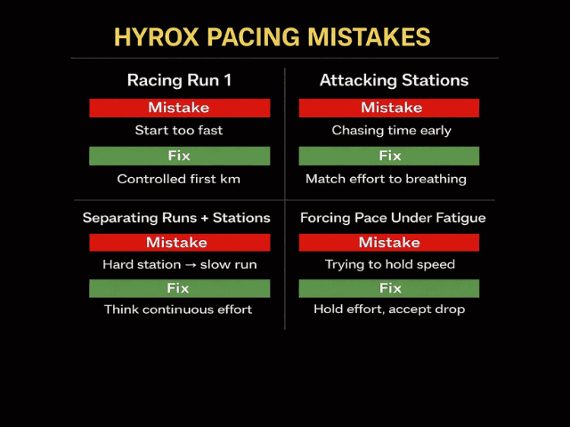 HYROX pacing mistakes and fixes showing common errors like starting too fast, over pushing stations and poor pacing under fatigue
