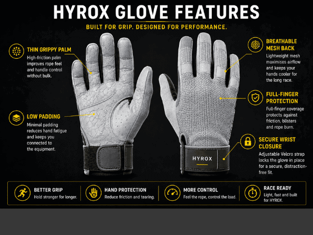 Diagram showing HYROX glove features including grippy palm breathable mesh back secure wrist closure and low padding