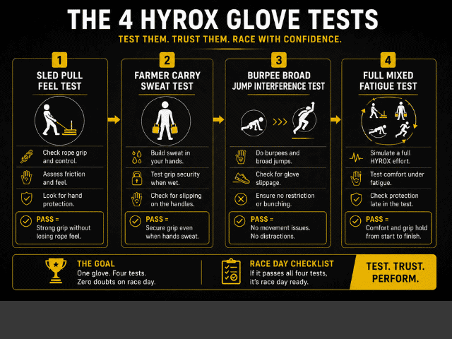 Flowchart showing HYROX glove testing for sled pull farmer carry burpees and mixed fatigue training